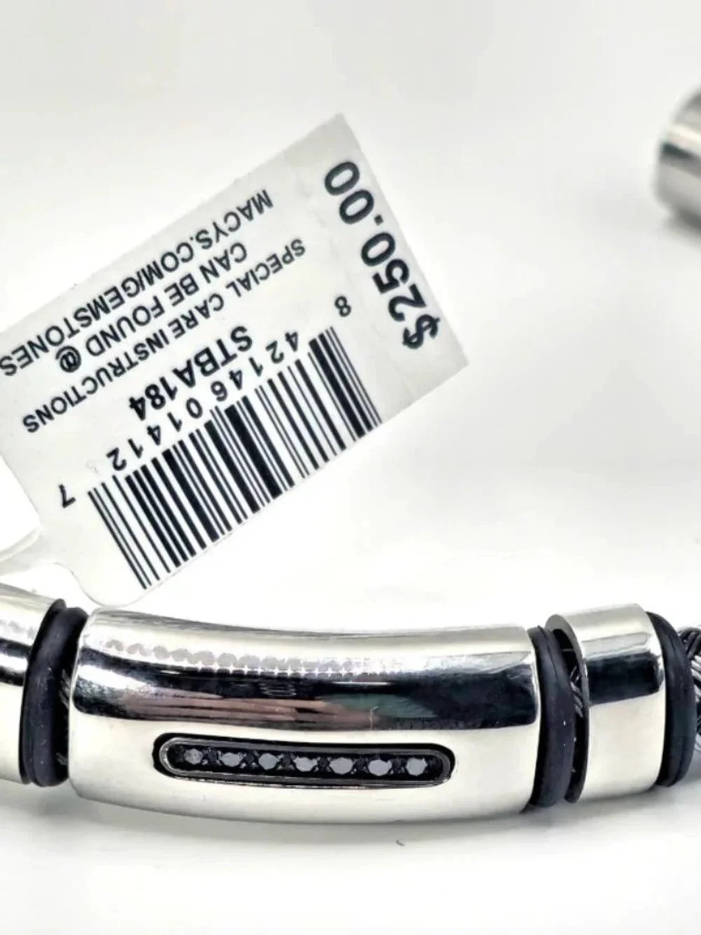 Macys Mens Black & Silver Stainless Steel Braided Bracelet with Accent Stones